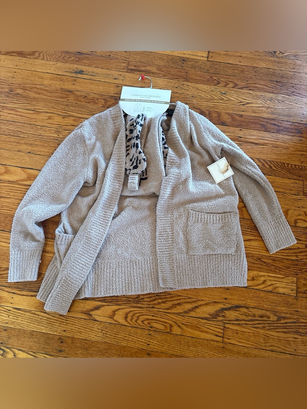 Christian Siriano Taupe Plush Open-Front Cardigan with Patch Pockets